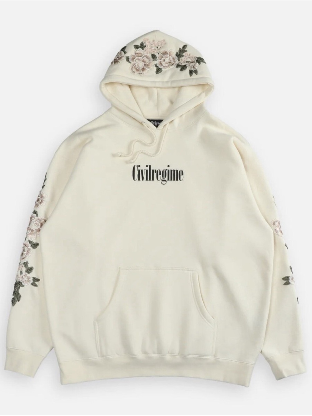 Civil Regime Vintage Wash Floral Embroidered Hoodie Cream Size L NWT
